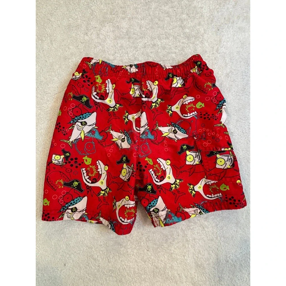 OP Ocean Pacific Boys Red Pirate Shark Swim Trunks Size 24M Shorts Mesh‎ Lining